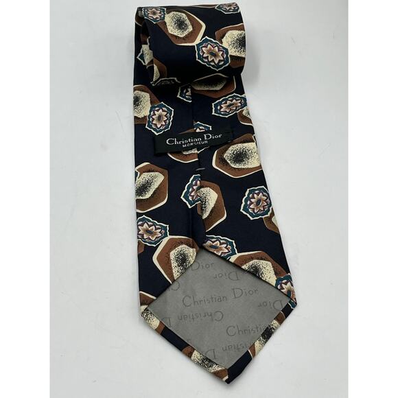 Christian Dior Monsieur Vintage Silk Blue Brown Cream Pointed Tie - Picture 4 of 7
